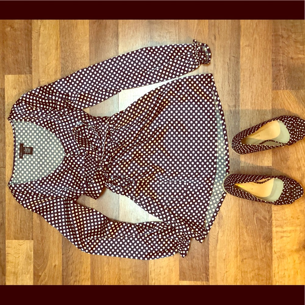 BCBG Navy blue and white polkadotted blouse